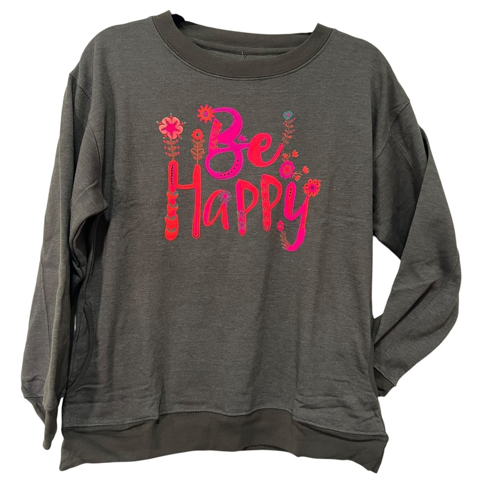 Natural Life Be Happy Sweatshirt S‎ NWT Pocket Crewneck Floral Bohemian Olive A6